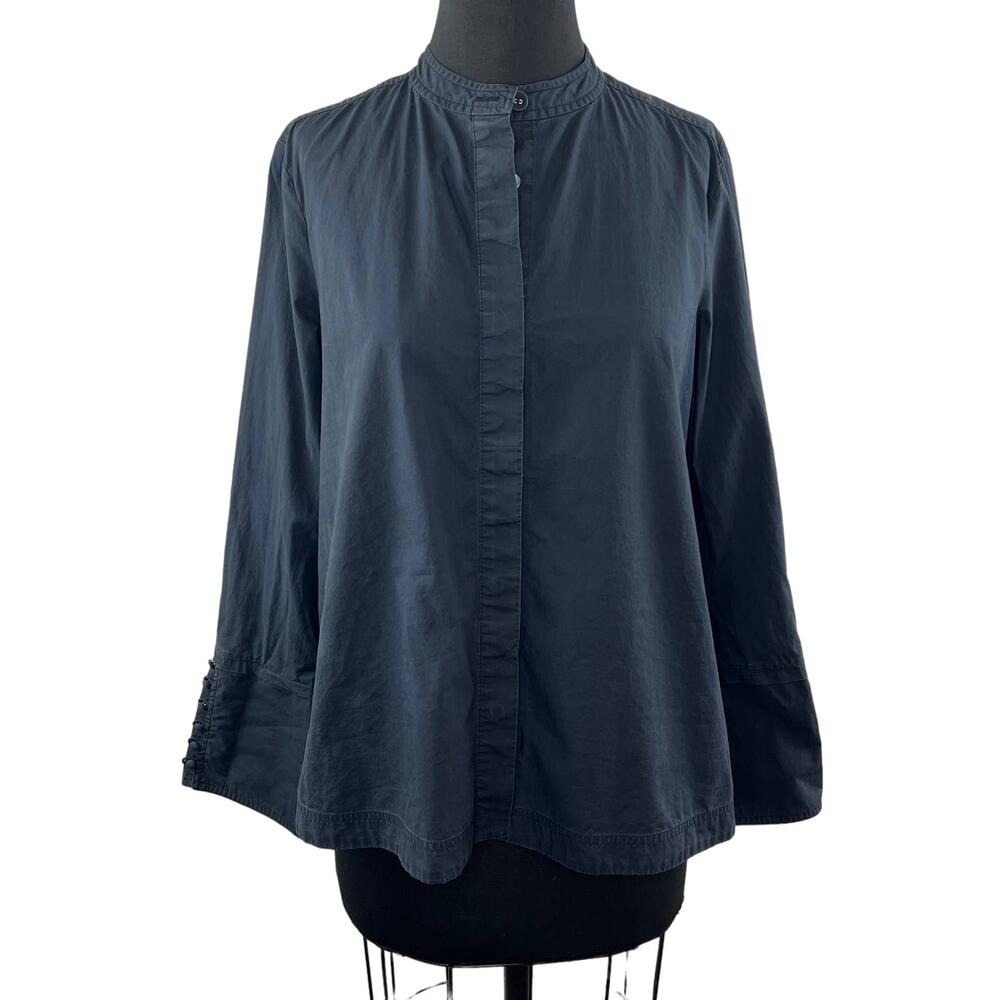 Derek Lam 10 Crosby Blue Cotton Poplin High Neck Flare Sleeve Button Up Shirt 8